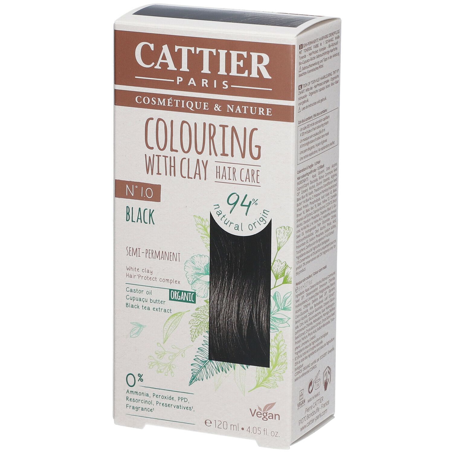 Boîte de coloration capillaire avec mèche noire. Texte: CATTIER, Colouring with clay hair care, N°10 Black, 94% natural origin, Vegan.