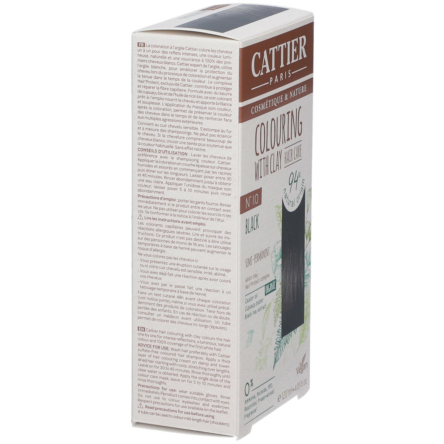 Vue latérale de la boîte de coloration capillaire. Texte: CATTIER, Colouring with clay hair care, N°10 Black, ingrédients, Vegan, E120 ml.
