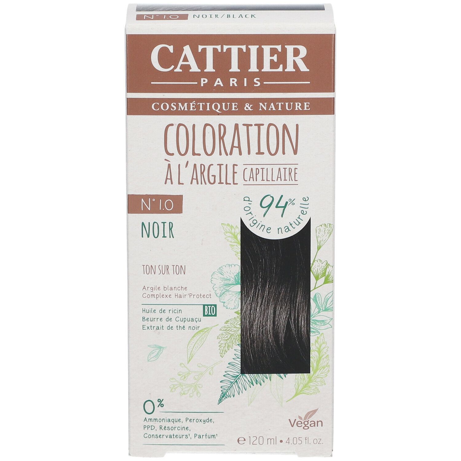 Boîte de coloration capillaire avec mèche noire. Texte: CATTIER, Coloration à l'argile capillaire, N°10 Noir, 94% d'origine naturelle, Vegan.