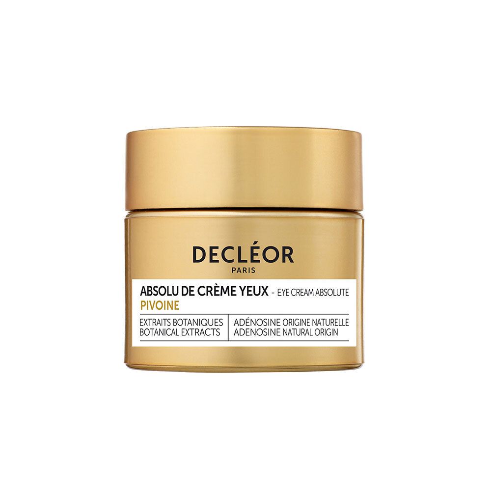 Goldfarbener Tiegel mit Deckel. Aufschrift DECLÉOR PARIS, Absolu de Crème Yeux. Text in Englisch und Französisch.