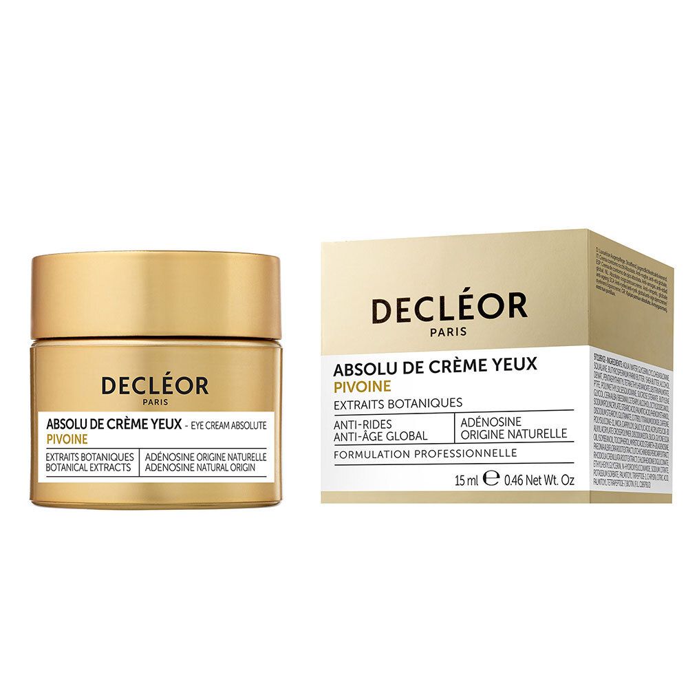 Produktverpackung mit Tiegel und Schachtel. Aufschrift DECLÉOR PARIS, Absolu de Crème Yeux. Text in Englisch und Französisch.