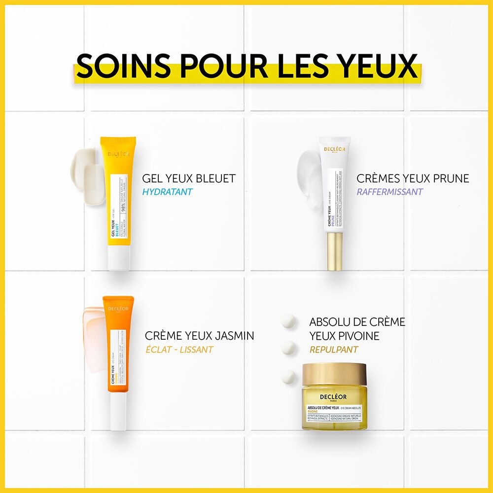 Verschiedene Augenpflegeprodukte. Gezeigt werden Tuben und Tiegel. Text: SOINS POUR LES YEUX.