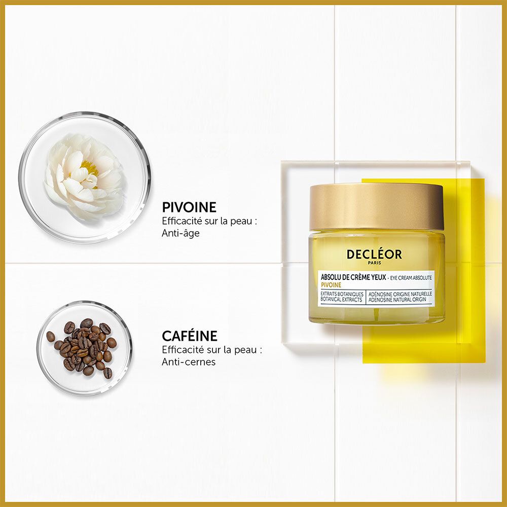 Zutaten von Augencreme. Pivoine und Caféine. Tiegel mit Augencreme. Text: Absolu de Crème Yeux.