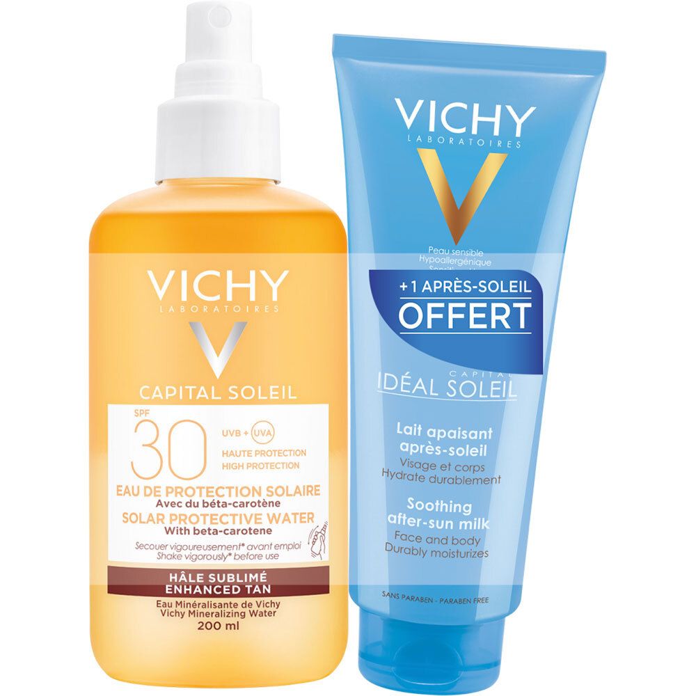 Deux produits : spray solaire et lait après-soleil. Spray liquide jaune, lotion bleue. Logos VICHY visibles.