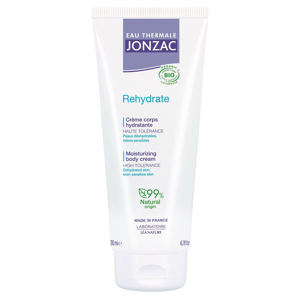 Tube blanc avec accents violets. Inscription "Jonzac" et "Rehydrate". Certification bio. Crème hydratante corps pour peaux sèches.
