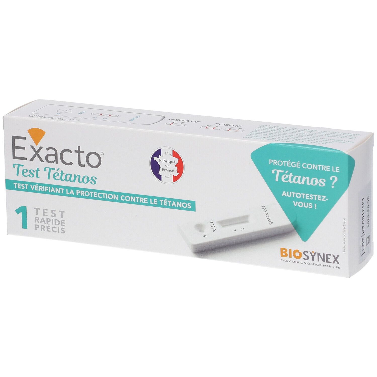 Boîte Exacto Test Tétanos. Carton blanc avec nom du produit, image du kit de test et drapeau français. Logo Biosynex.