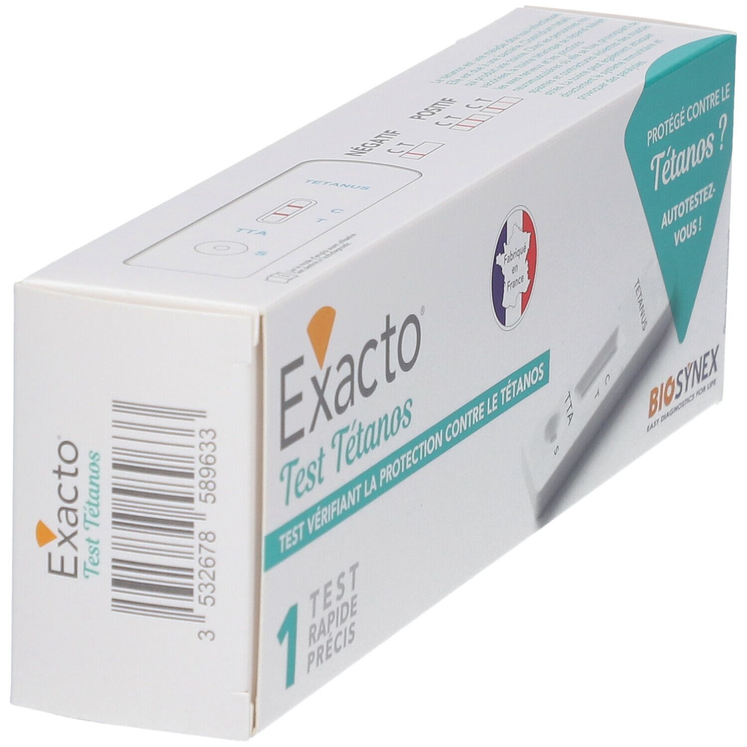 Boîte Exacto Test Tétanos, vue oblique. Carton blanc avec nom du produit, code-barres et drapeau français. Logo Biosynex.