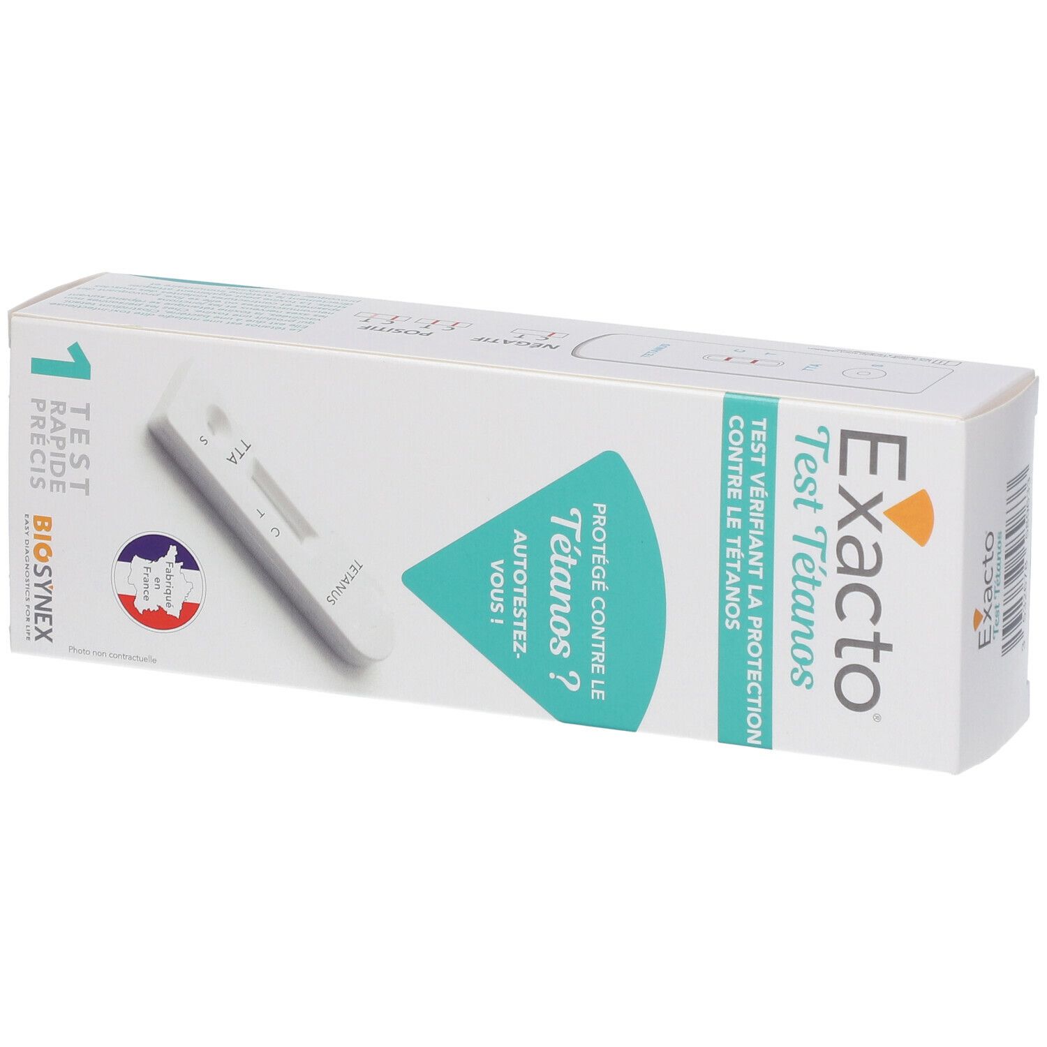 Boîte Exacto Test Tétanos. Carton blanc avec nom du produit, image du kit de test et drapeau français. Logo Biosynex.