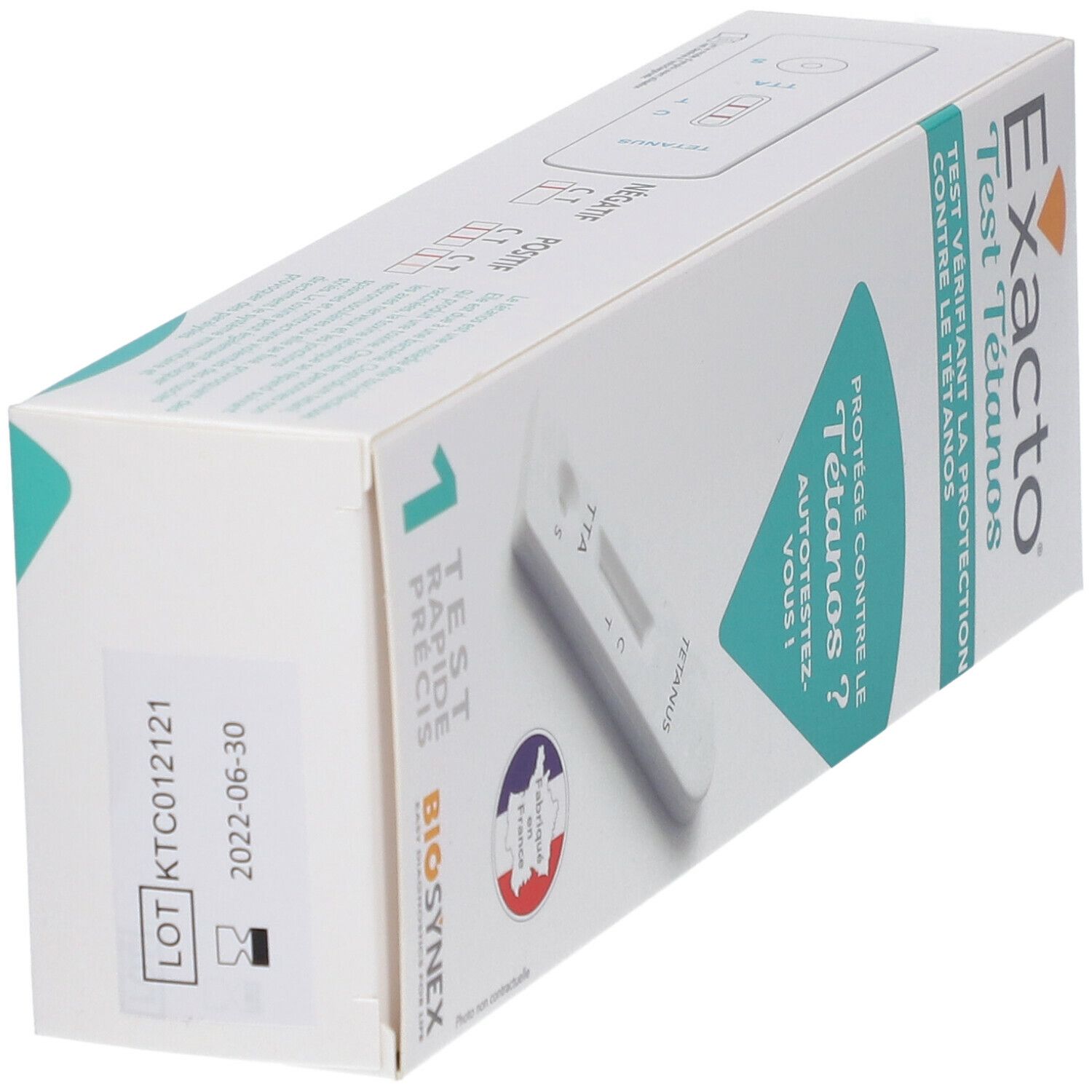 Boîte Exacto Test Tétanos avec informations produit, numéro de lot et date de péremption. Logo Biosynex.