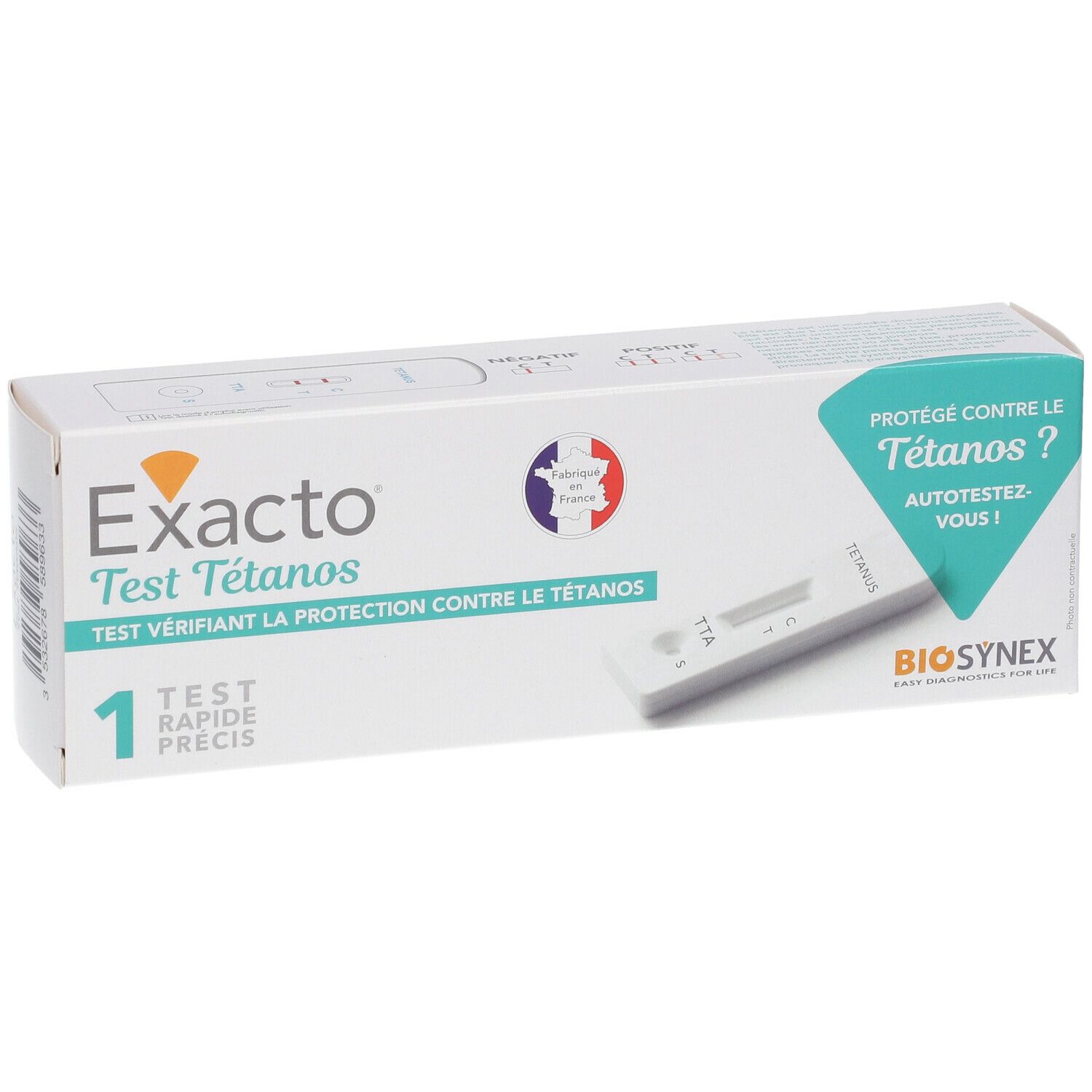 Boîte Exacto Test Tétanos. Carton blanc avec nom du produit, image du kit de test et drapeau français. Logo Biosynex.