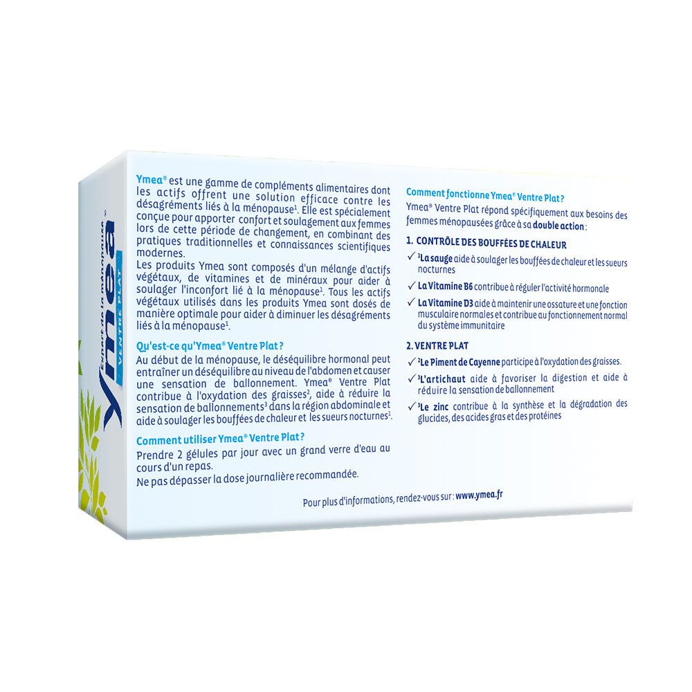 Dos de la boîte Ymea. Informations textuelles sur le produit et ses ingrédients. Fond blanc.