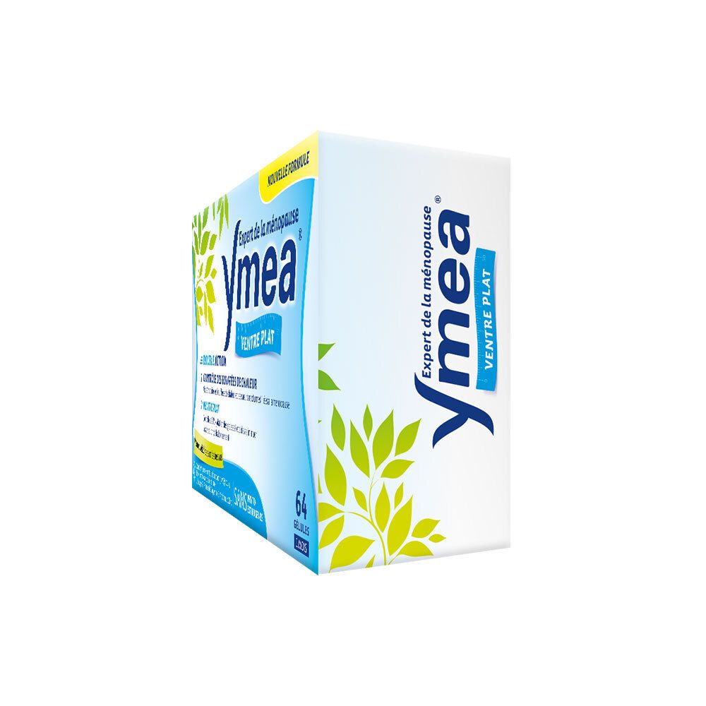 Emballage du produit Ymea en vue oblique. Emballage bleu et blanc avec nom et logo du produit. Fond blanc.