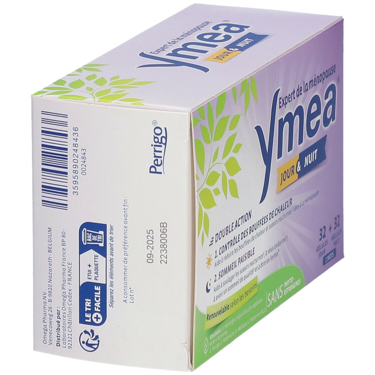 Boîte Ymea Jour & Nuit. Arrière avec code-barres, date de péremption et informations fabricant. Contient 32+32 gélules.