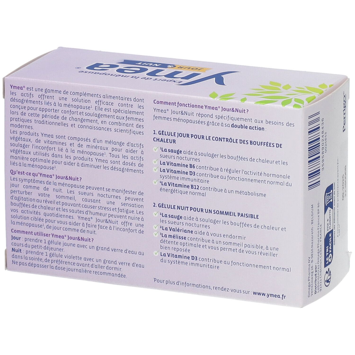 Boîte Ymea Jour & Nuit. Texte sur ingrédients et utilisation. Contient 32+32 gélules. Pour bouffées de chaleur et sommeil.