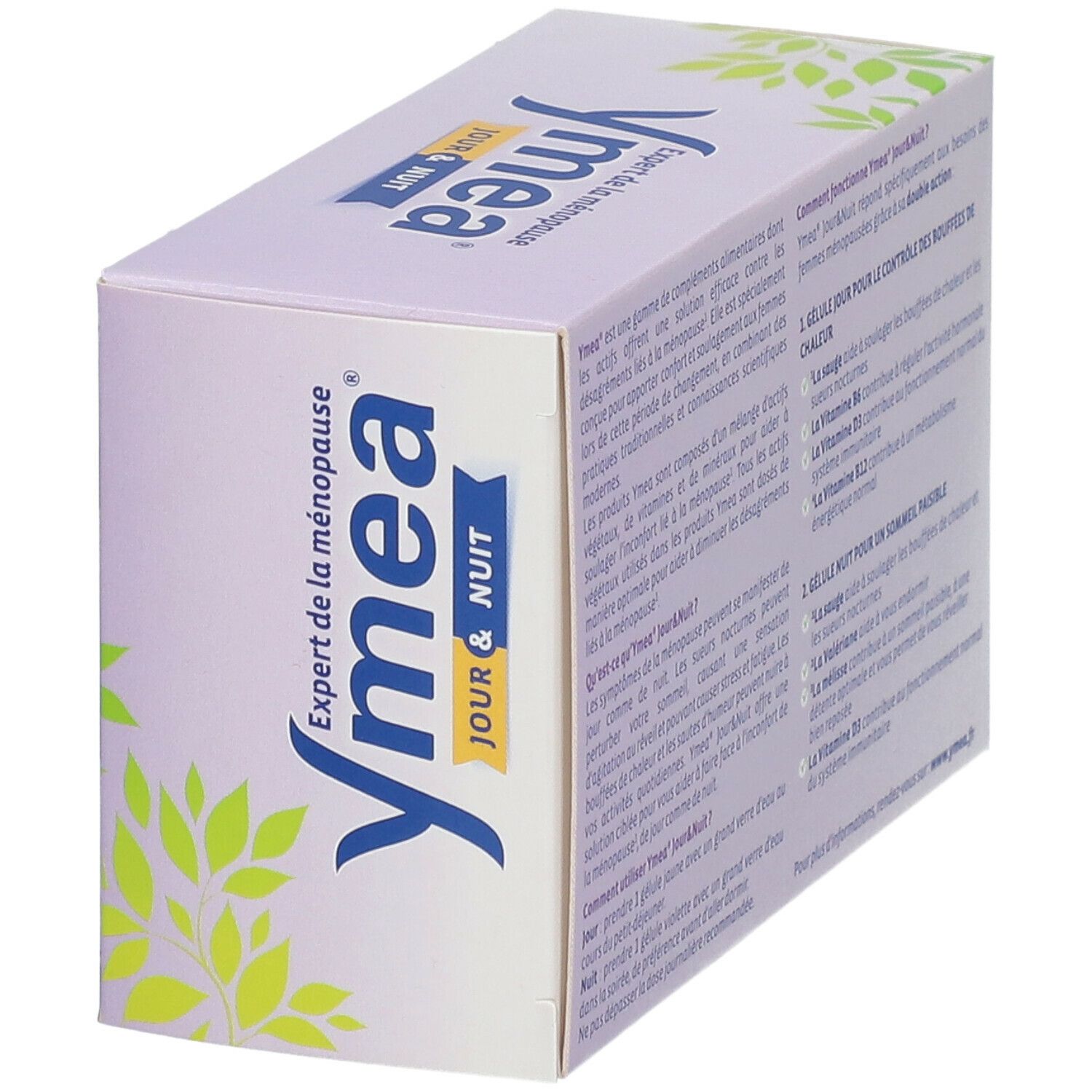 Boîte Ymea Jour & Nuit. Vue latérale avec nom et texte. Contient 32+32 gélules. Pour bouffées de chaleur et sommeil.