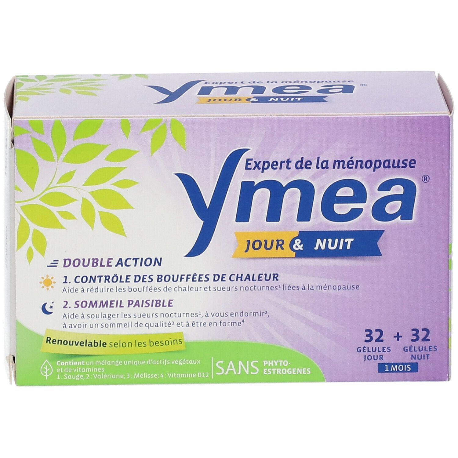 Boîte Ymea Jour & Nuit. Double action : contrôle des bouffées de chaleur, sommeil paisible. 32+32 gélules. Sans phytoestrogènes.