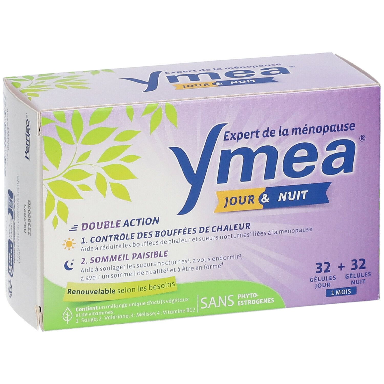 Boîte Ymea Jour & Nuit. Double action : contrôle des bouffées de chaleur, sommeil paisible. 32+32 gélules. Sans phytoestrogènes.