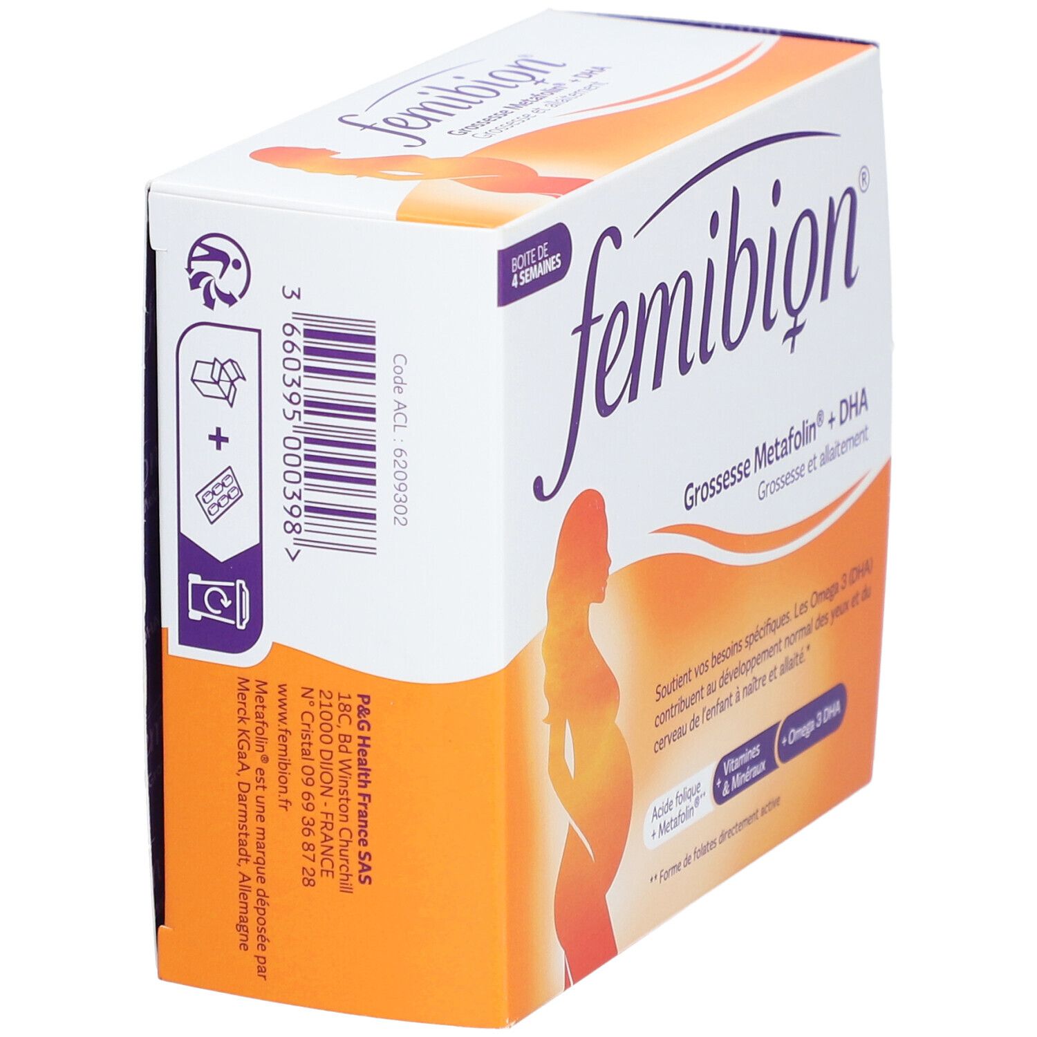 Boîte Femibion®. Carton blanc et orange avec nom du produit et silhouette d'une femme enceinte. Contient Metafolin® + DHA.