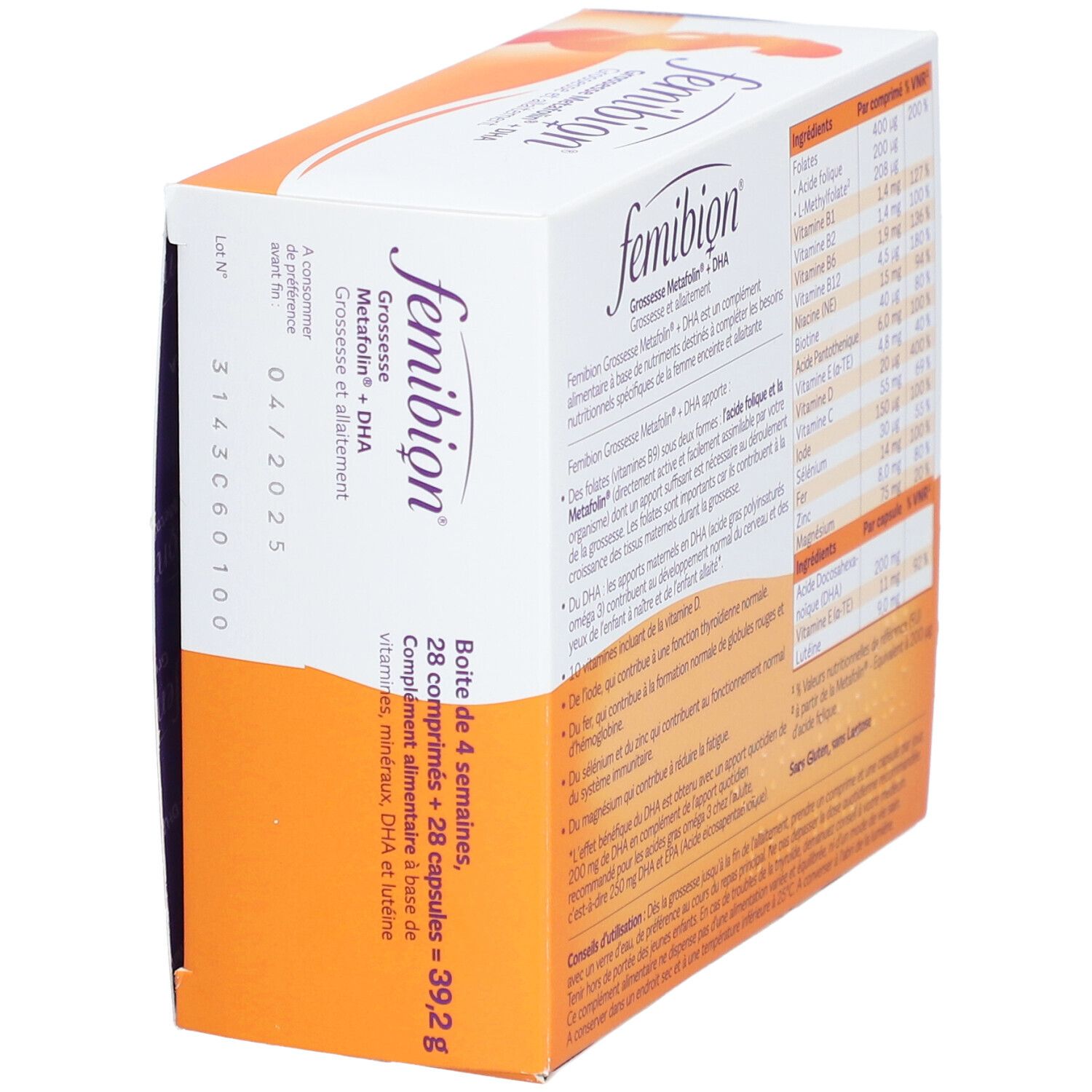 Boîte Femibion®. Carton blanc et orange avec informations sur le produit. Contient Metafolin® + DHA. Contient 28 comprimés + 28 gélules.