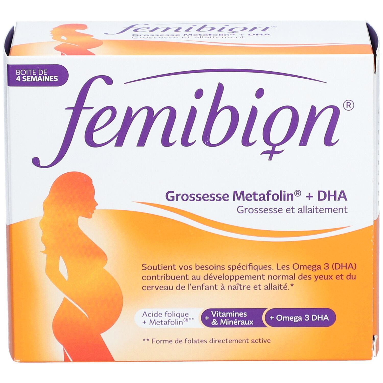 Boîte Femibion®. Carton blanc et orange avec nom du produit et silhouette d'une femme enceinte. Contient Metafolin® + DHA.