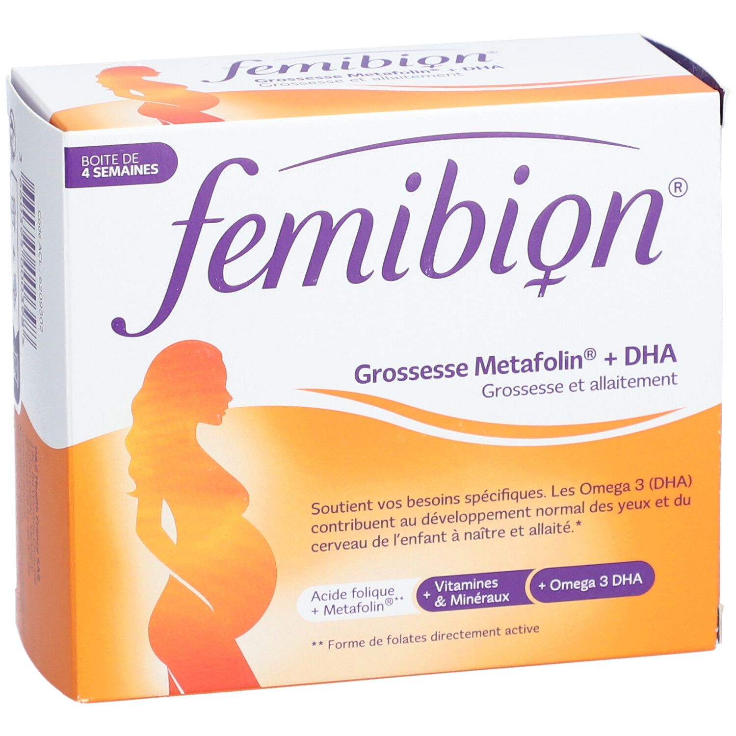 Boîte Femibion®. Carton blanc et orange avec nom du produit et silhouette d'une femme enceinte. Contient Metafolin® + DHA.