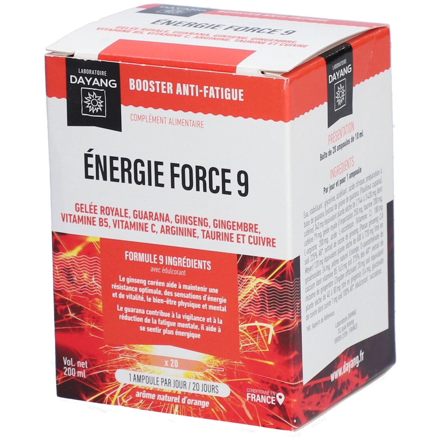 Boîte DAYANG Energie Force 9. Inscriptions : Energie Force 9, ingrédients, 20 ampoules. Rouge et blanc. Complément alimentaire.
