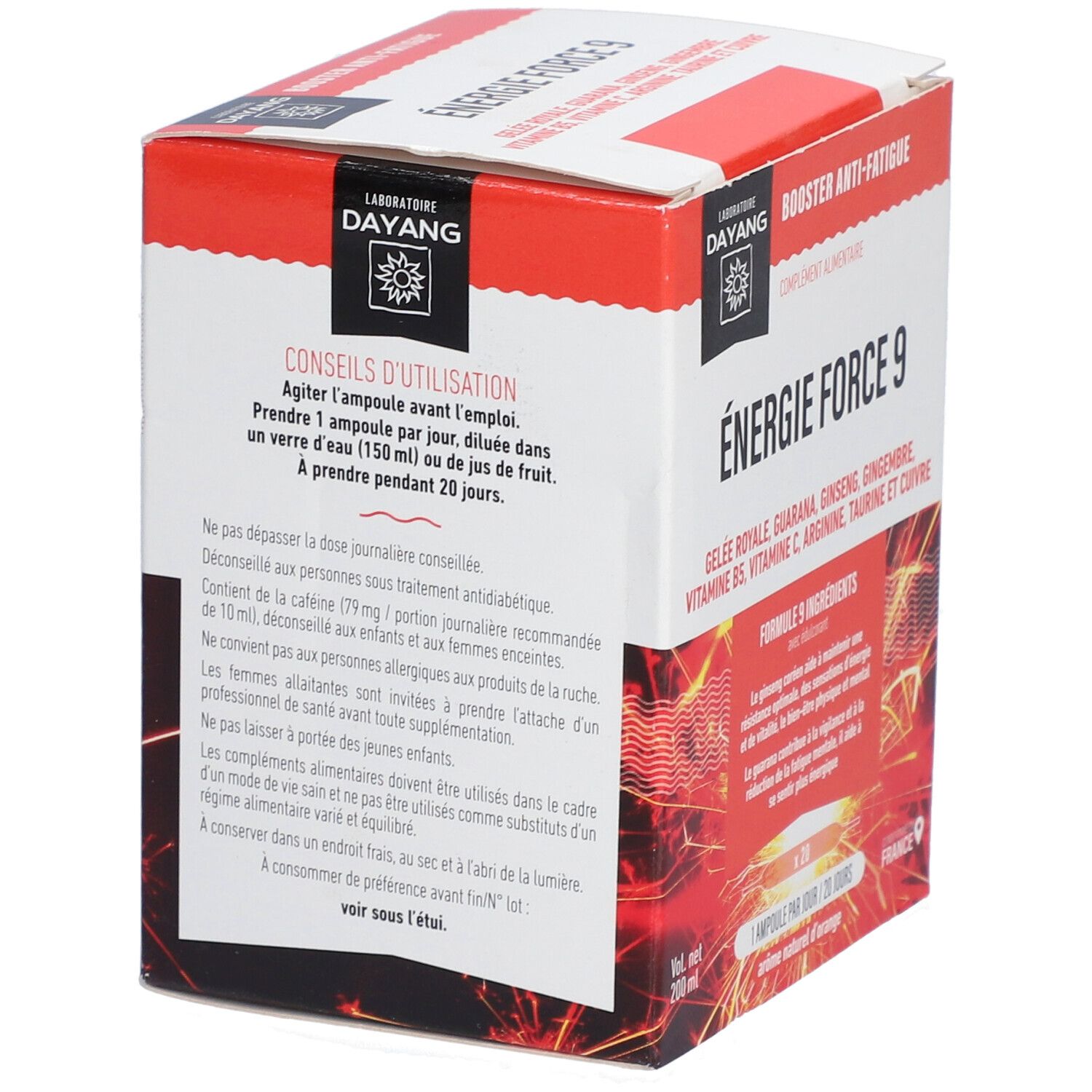 Boîte DAYANG Energie Force 9. Inscriptions : conseils d'utilisation. Contient 20 ampoules. Rouge et blanc.