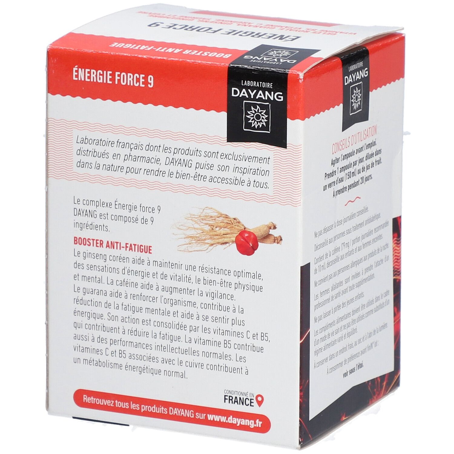 Boîte DAYANG Energie Force 9. Inscriptions : ingrédients, informations produit. Boîte rouge et blanche.
