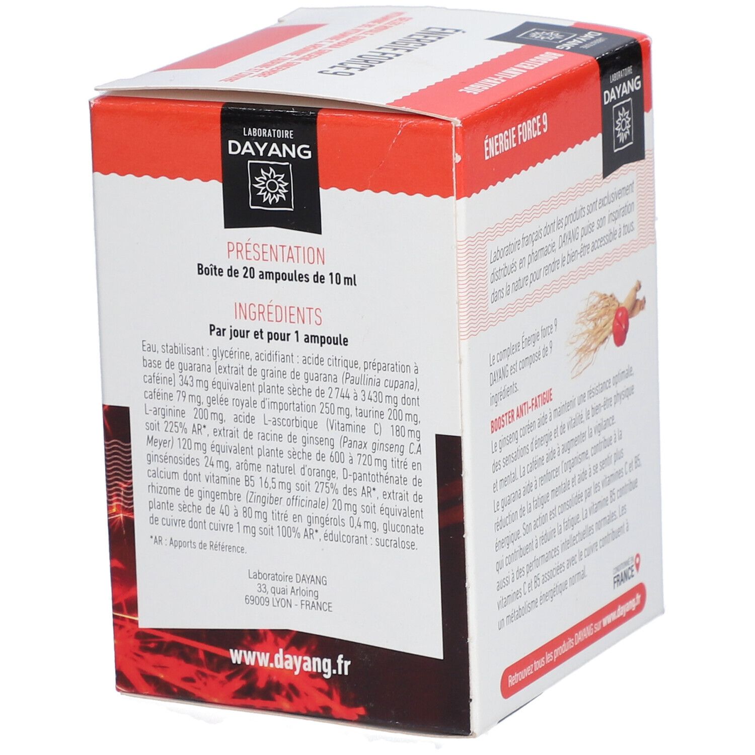 Boîte DAYANG Energie Force 9. Inscriptions : ingrédients, posologie. Boîte rouge et blanche, logo produit.