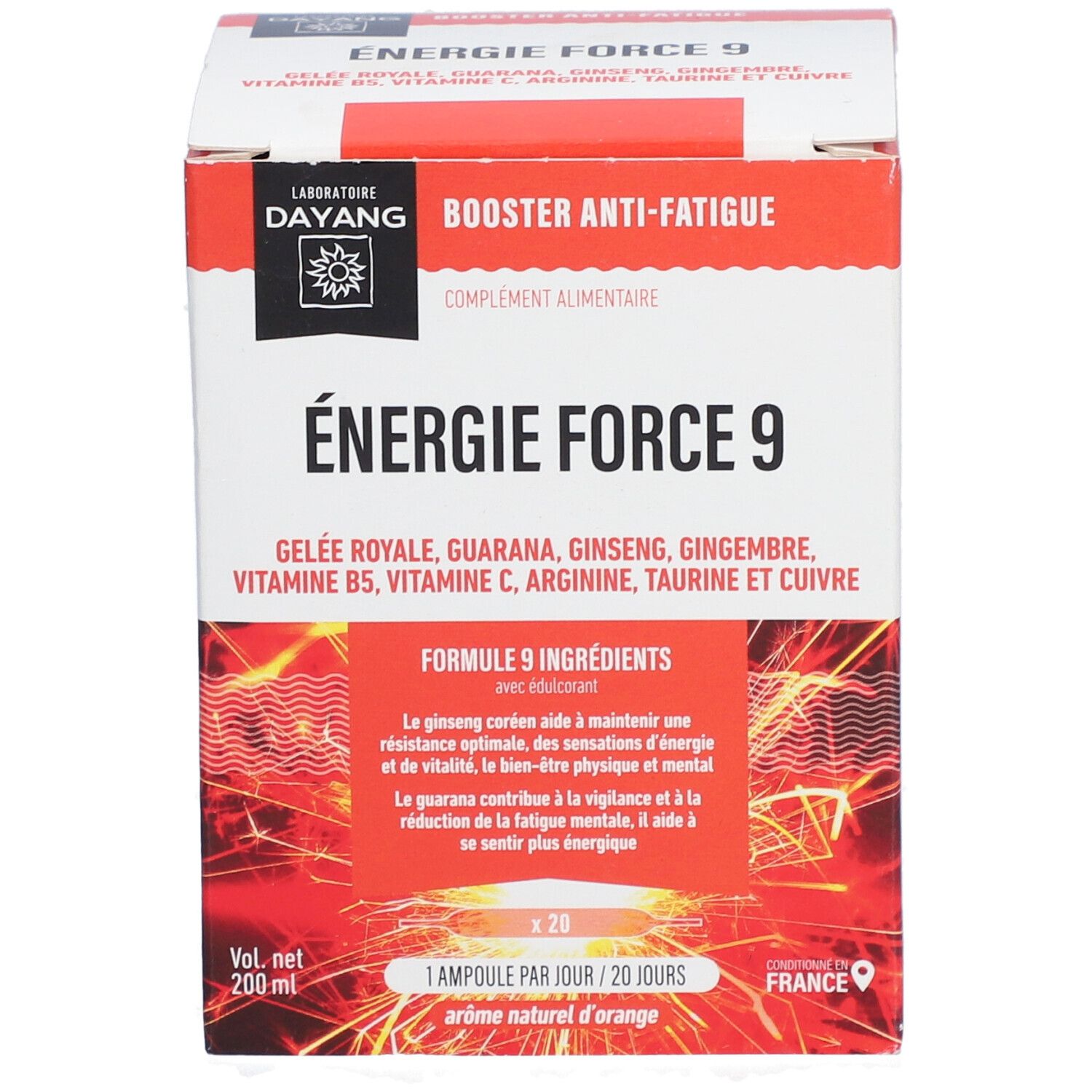 Boîte DAYANG Energie Force 9. Inscriptions : Energie Force 9, ingrédients, 20 ampoules. Rouge et blanc.