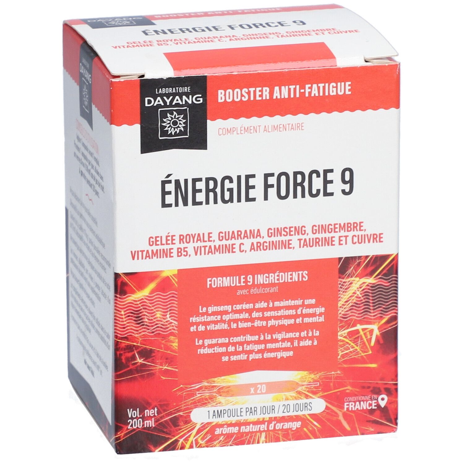 Boîte DAYANG Energie Force 9. Inscriptions : Energie Force 9, ingrédients, 20 ampoules. Rouge et blanc.