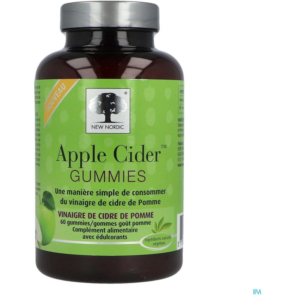 Flacon brun avec étiquette verte. Inscription : New Nordic Apple Cider Gummies. Contient 60 gommes.