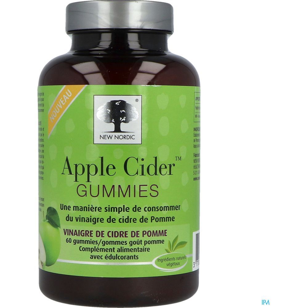 Flacon brun avec étiquette verte. Inscription : New Nordic Apple Cider Gummies. Contient 60 gommes.