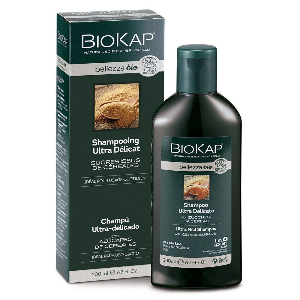 BIOKAP Bellezza Bio Shampooing Ultra Délicat. Flacon et emballage. Vert et blanc. Avec texte.