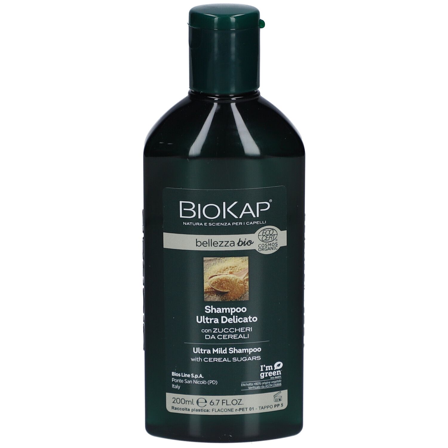 BIOKAP Bellezza Bio Shampooing Ultra Délicat. Bouteille verte. Avec texte.