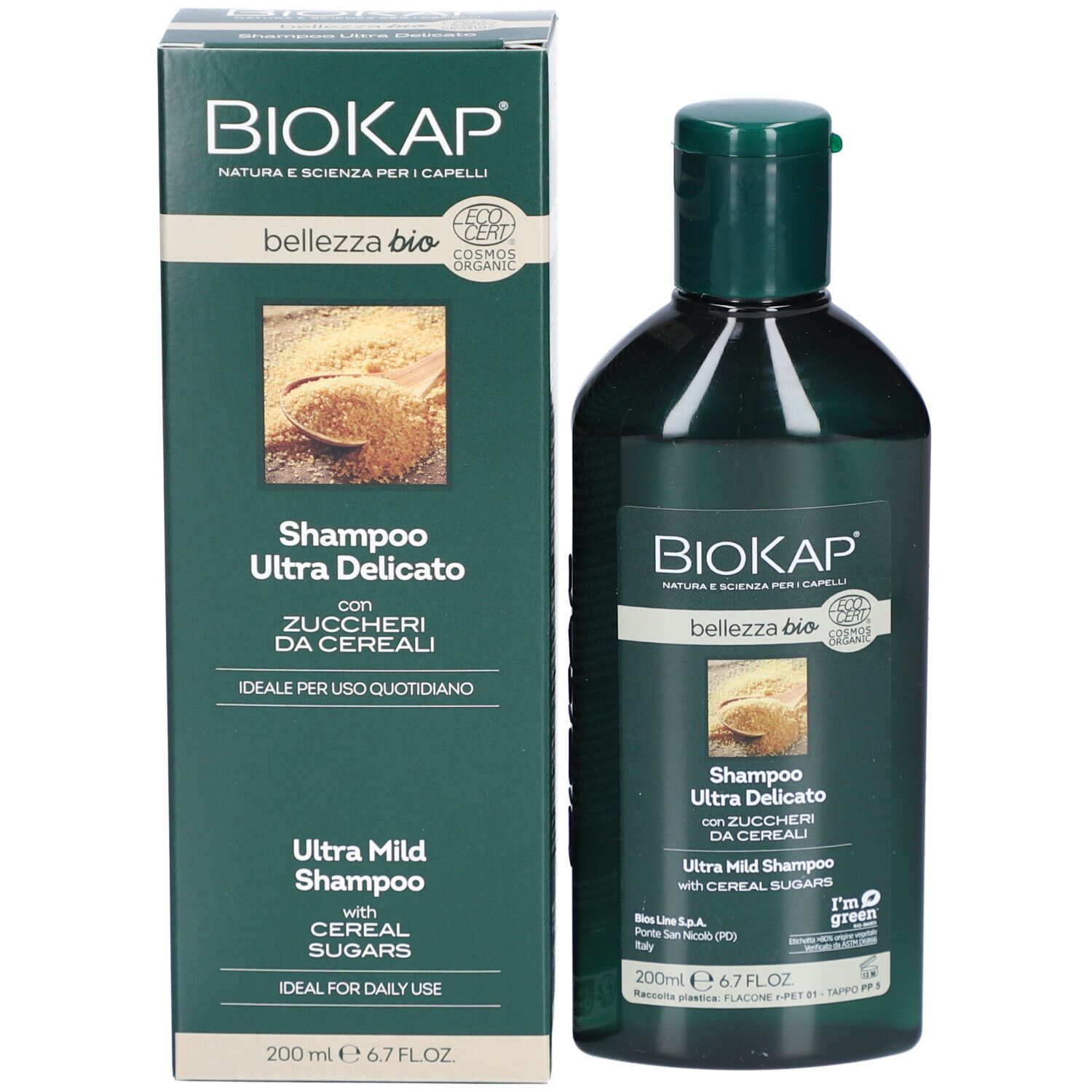 Flacon de shampooing vert. Avec bouchon vert. Sans texte.