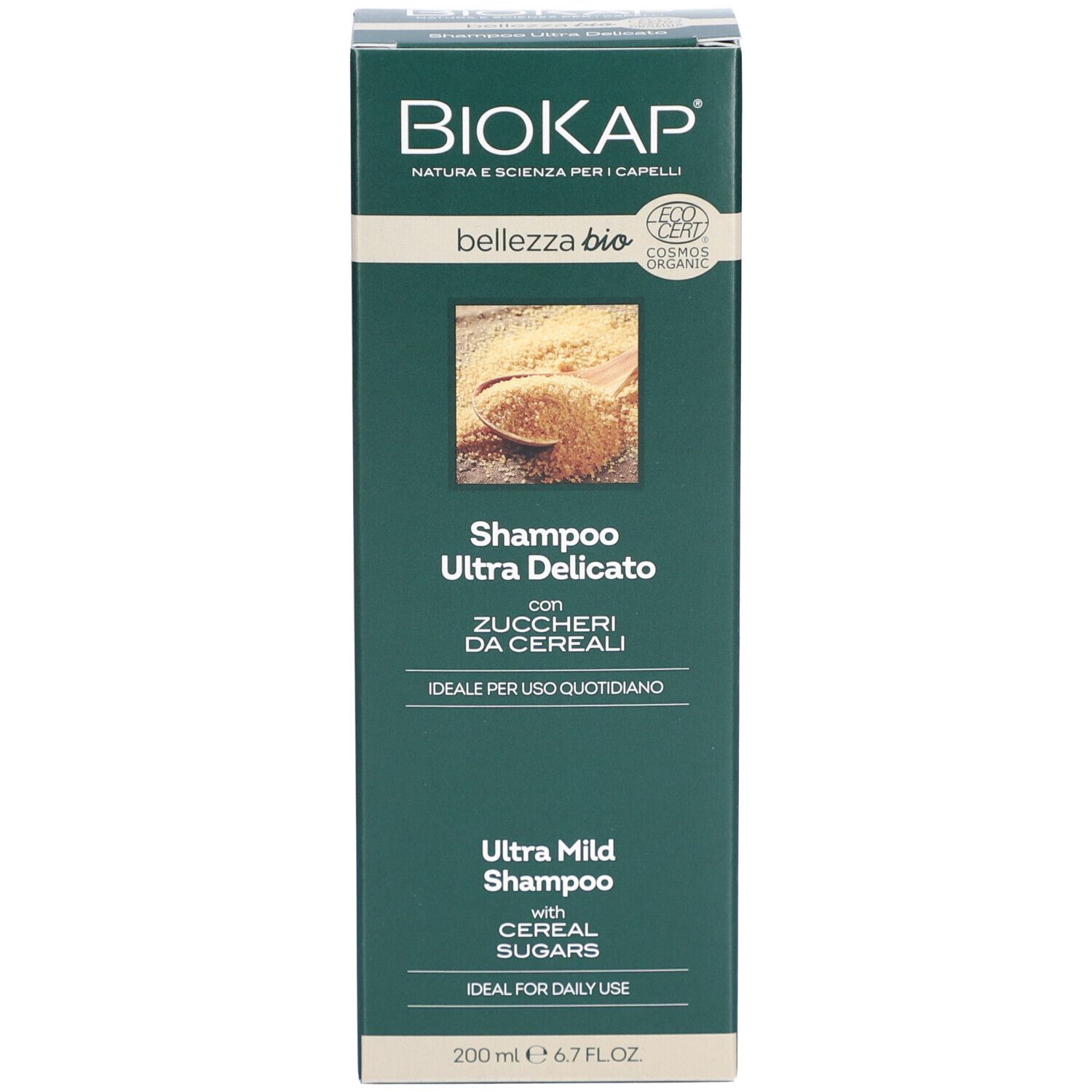 BIOKAP Bellezza Bio Shampooing Ultra Délicat. Bouteille et emballage. Avec texte.