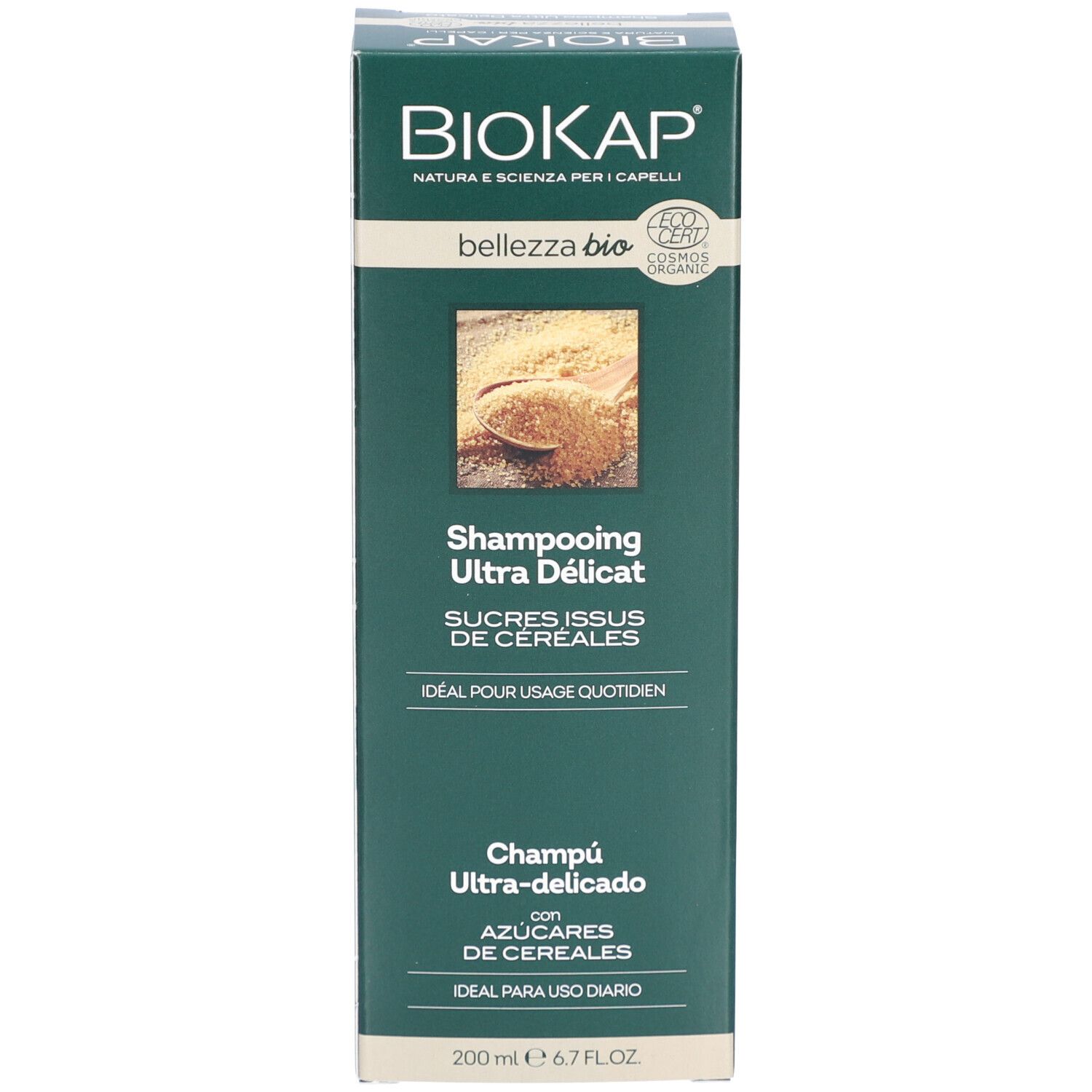 BIOKAP Bellezza Bio Shampooing Ultra Délicat. Emballage. Avec texte.