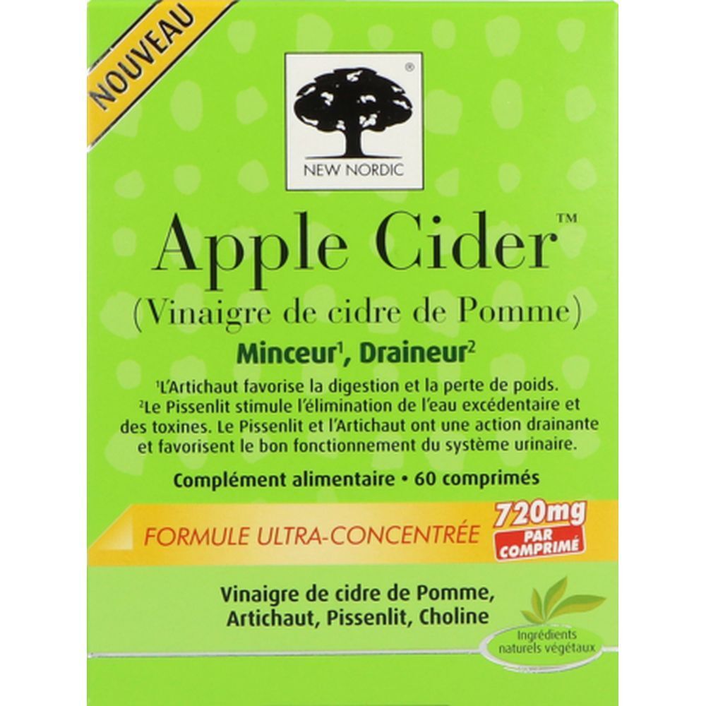 Boîte verte avec 'Apple Cider'. Autocollant 'Nouveau'. 60 comprimés. 720mg par comprimé. Marque : New Nordic.