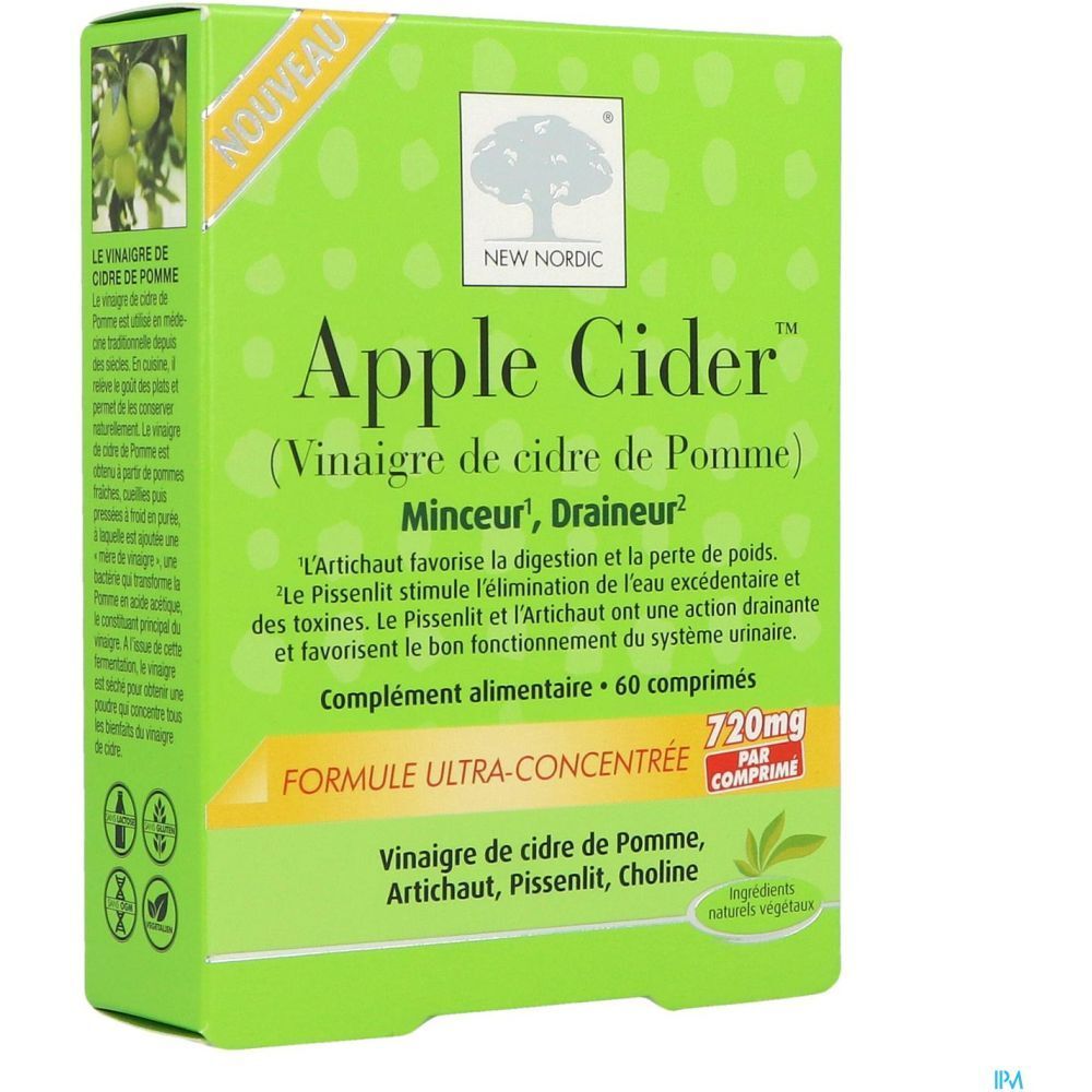 Boîte verte avec 'Apple Cider'. Autocollant 'Nouveau'. 60 comprimés. 720mg par comprimé. Marque : New Nordic.