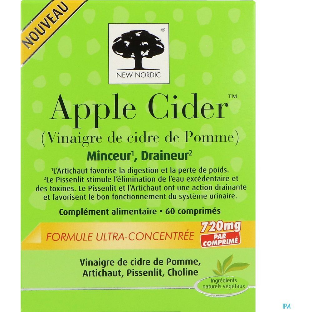 Boîte verte avec 'Apple Cider'. Autocollant 'Nouveau'. 60 comprimés. 720mg par comprimé. Marque : New Nordic.