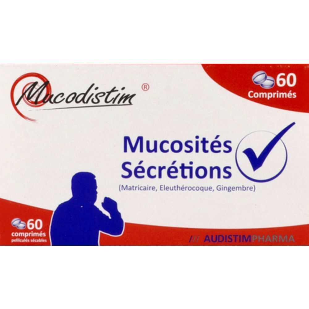 Boîte de 60 comprimés. Mucodistim, Mucosités Sécrétions. Audistim Pharma. Illustration d'une silhouette.