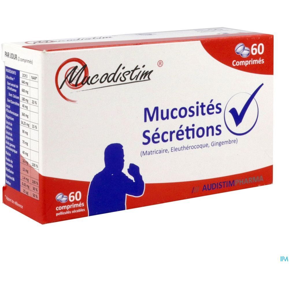 Boîte de 60 comprimés. Mucodistim, Mucosités Sécrétions. Audistim Pharma. Ingrédients et dosage.