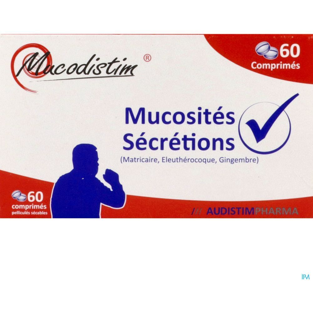Boîte de 60 comprimés. Mucodistim, Mucosités Sécrétions. Audistim Pharma. Illustration.