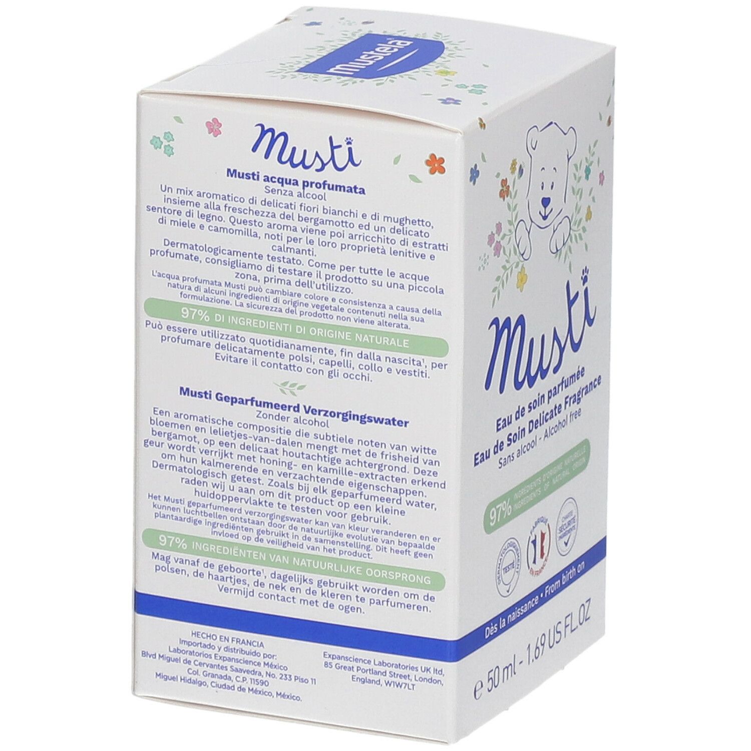 Rückseite der Mustela Musti Eau de Soin Parfumée Verpackung. Text in mehreren Sprachen. 97% Inhaltsstoffe natürlichen Ursprungs. Hergestellt in Frankreich.