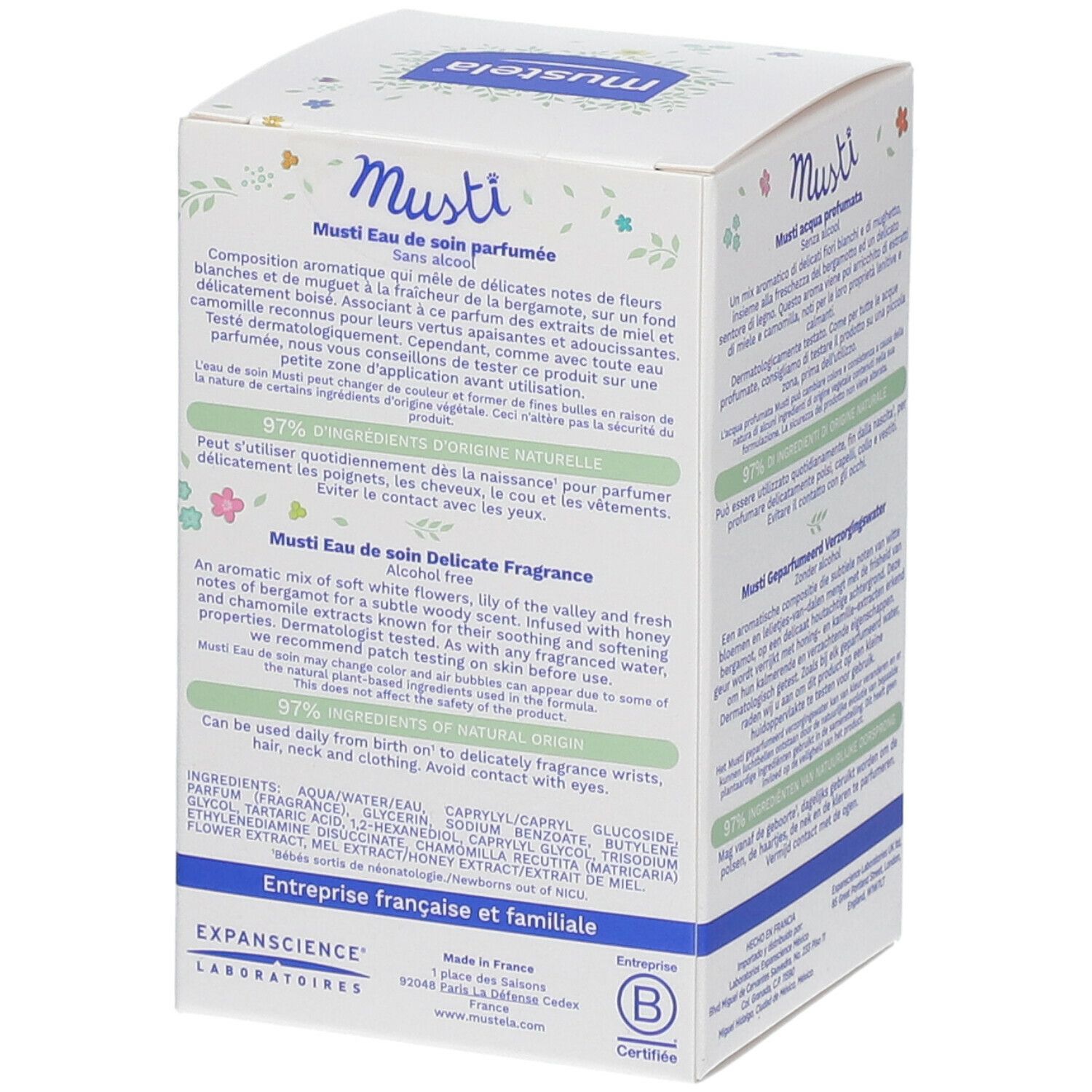 Rückseite der Mustela Musti Eau de Soin Parfumée Verpackung. Text in mehreren Sprachen. 97% Inhaltsstoffe natürlichen Ursprungs. Hergestellt in Frankreich.