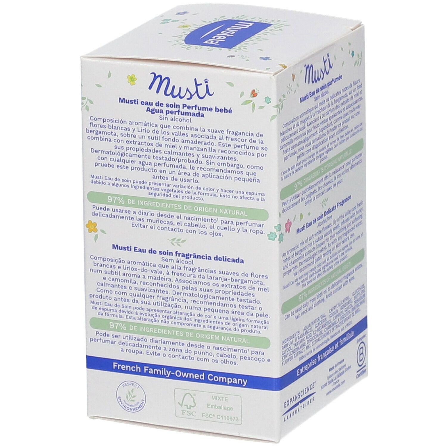 Rückseite der Mustela Musti Eau de Soin Parfumée Verpackung. Text in mehreren Sprachen. 97% Inhaltsstoffe natürlichen Ursprungs. Hergestellt in Frankreich.