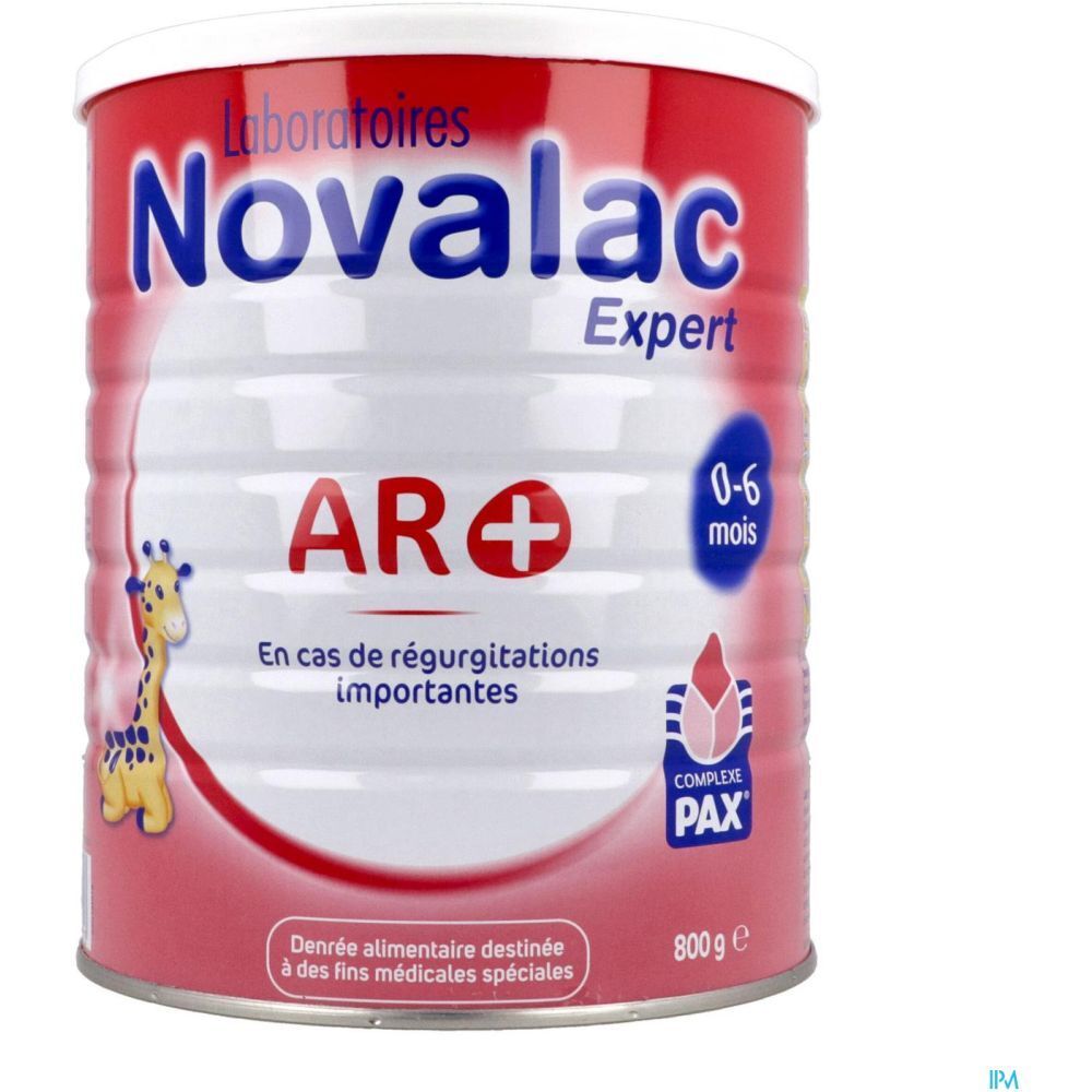 Boîte Novalac Expert AR+ 0-6 mois. Boîte rouge avec couvercle blanc. Informations produit.