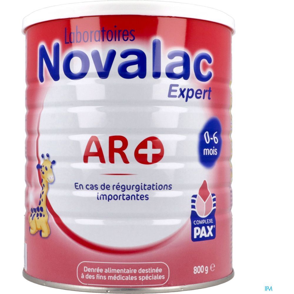 Boîte Novalac Expert AR+ 0-6 mois. Boîte rouge avec couvercle blanc. Informations produit.