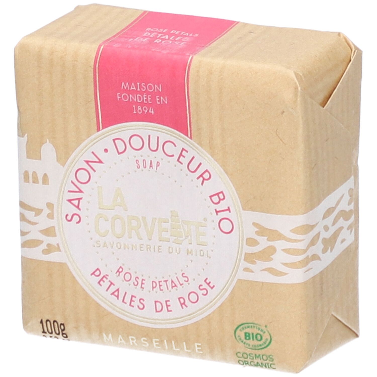 Savon emballé. Inscription: LA CORVETTE, pétales de rose, certification bio. 100g. Marseille.